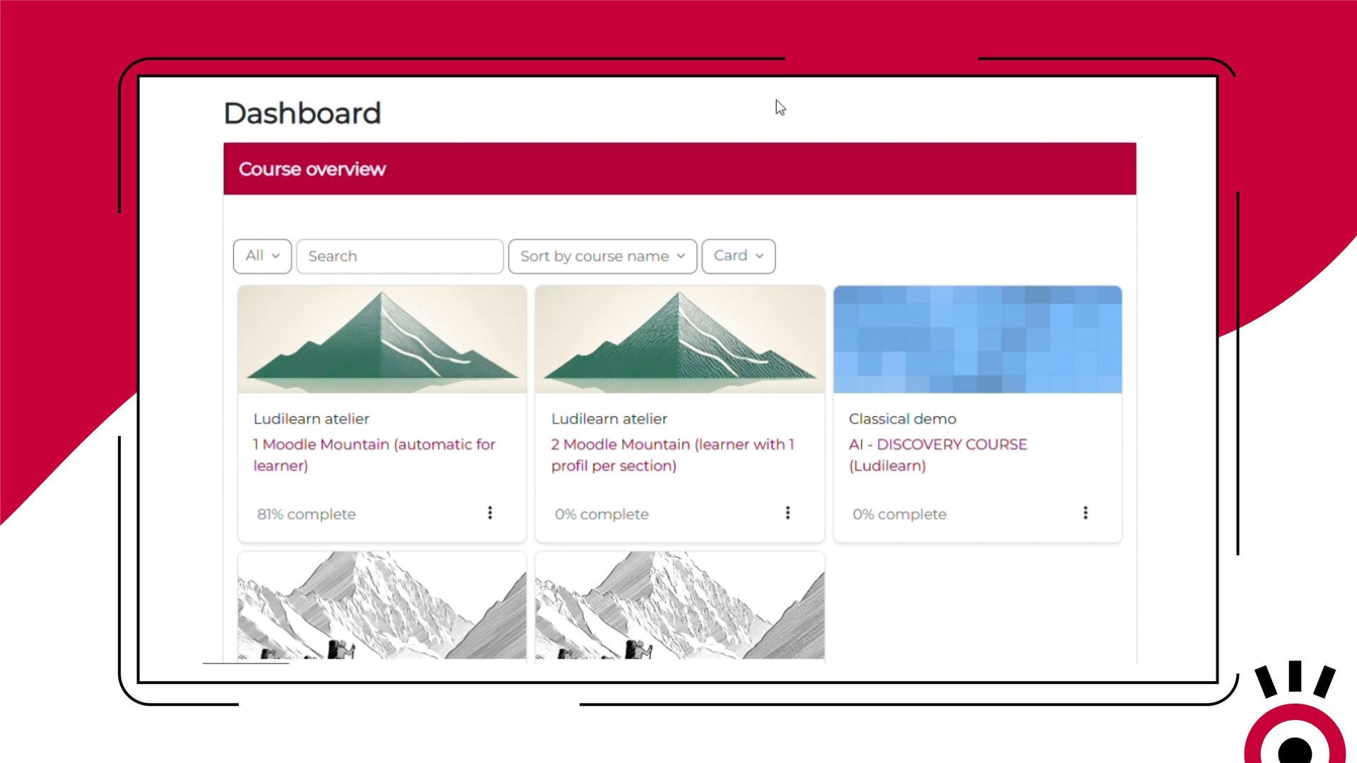 Tableau de bord Moodle sans bloc de notifications – vue par défaut