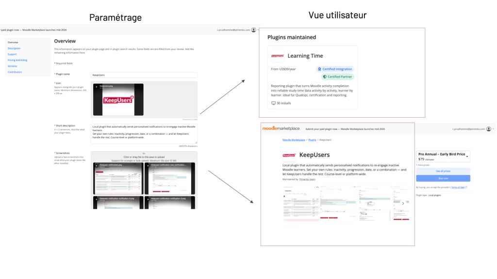 Configuration interface and user view of a plugin on the Moodle Marketplace