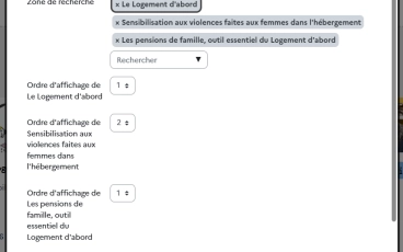 Vue de la page de configuration du bloc Cours à la une : choix des cours, ordre d'affichage