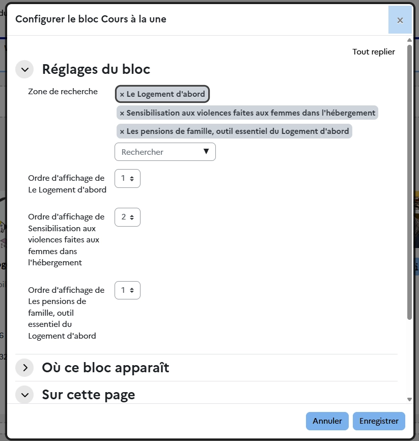 Vue de la page de configuration du bloc Cours à la une : choix des cours, ordre d'affichage