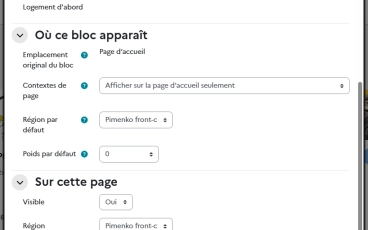 Vue de la page de configuration du bloc Cours à la une : affichage du bloc