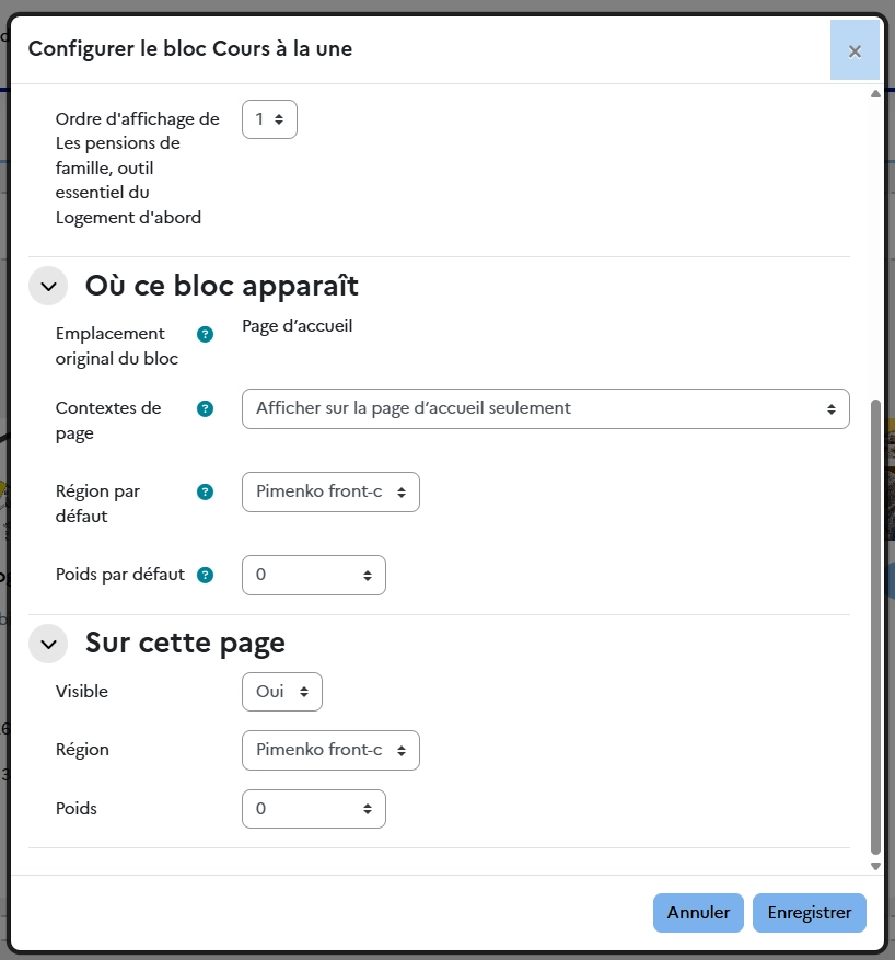 Vue de la page de configuration du bloc Cours à la une : affichage du bloc