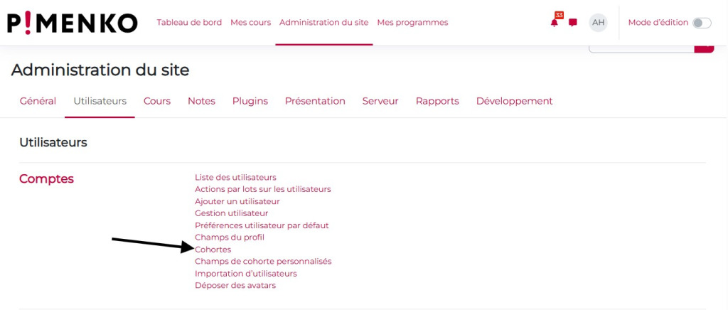 Page administration vers cohortes