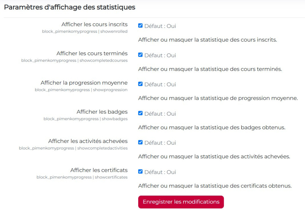 Vue de la page de paramétrages du bloc "Ma progression" en tant qu'administrateur - choix des données à afficher