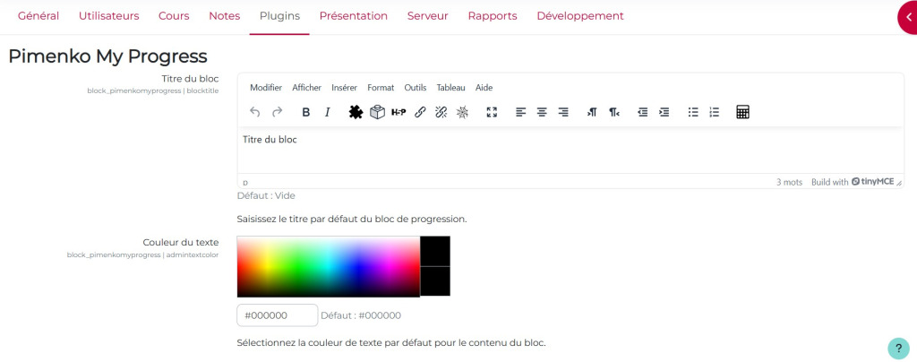 Vue de la page de paramétrages du bloc "Ma progression" en tant qu'administrateur - titre du bloc et couleur du texte