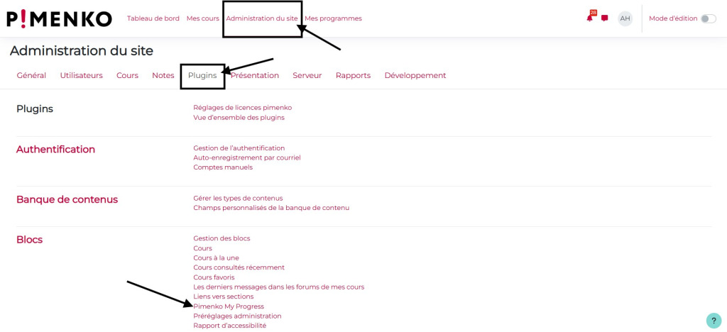 Chemin vers la page de paramétrages du bloc "Ma progression" en tant qu'administrateur