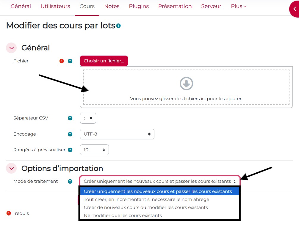 Dépôt fichier csv pour modification des cours par lot