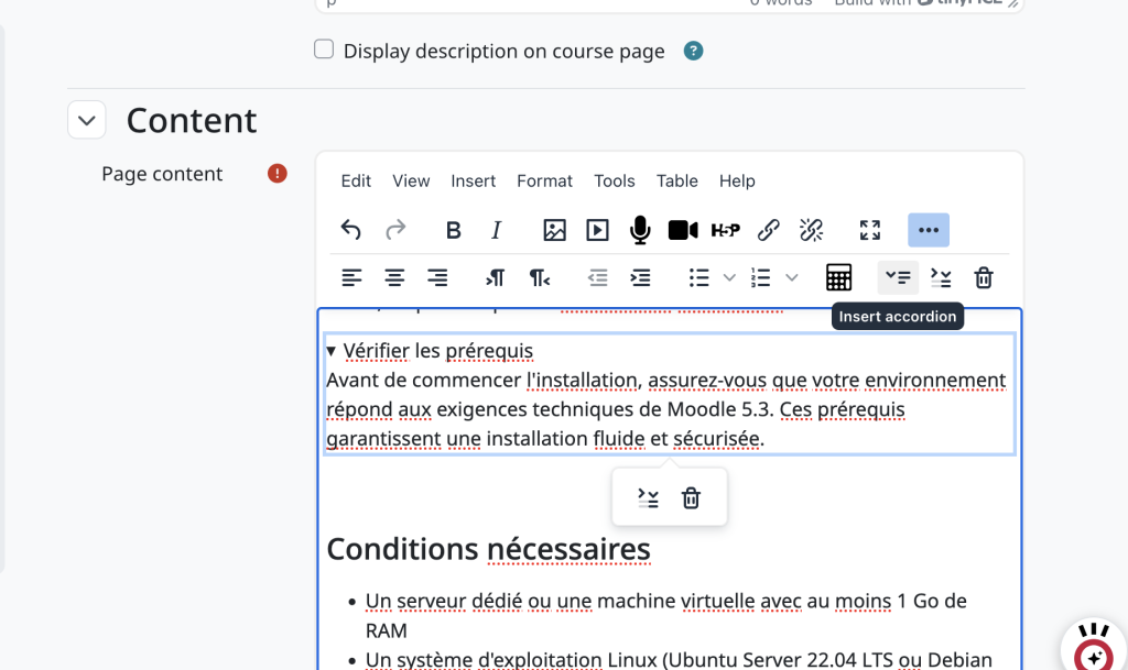 Accordéon dans l'éditeur TinyMCE de Moodle 5.3