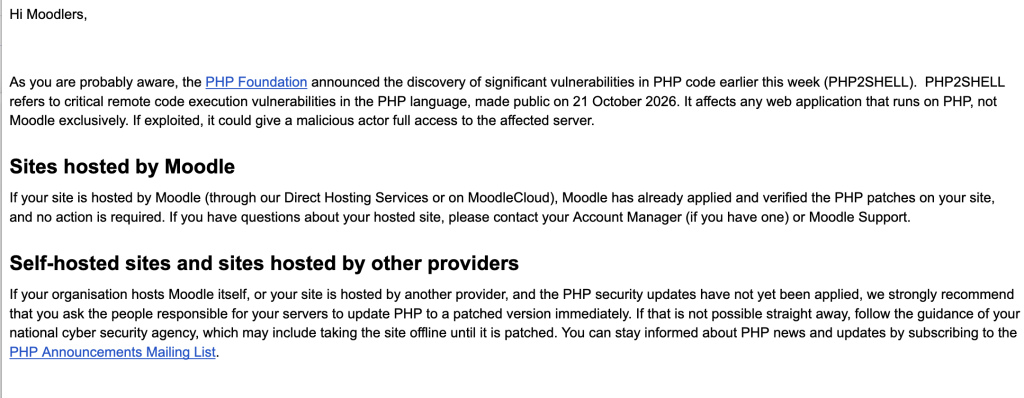Communication officielle de Moodle HQ sur PHP2Shell adressée à la communauté mondiale