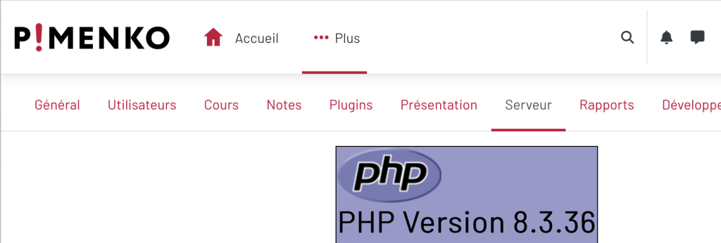 Interface d'administration Moodle de Pimenko affichant PHP Version 8.3.36, version corrigée après la faille PHP2Shell