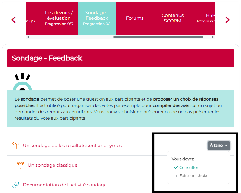 Affichage des conditions d'achèvement d'une activité avec le format horizontaltabs