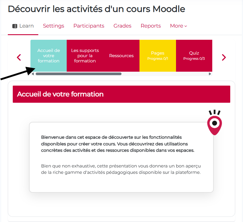 Vue des sections de cours avec le format de cours HorizontalTabs, onglet actif