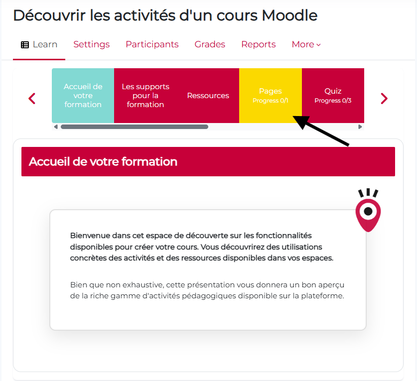 Vue des sections de cours avec le format de cours HorizontalTabs, onglet au survol